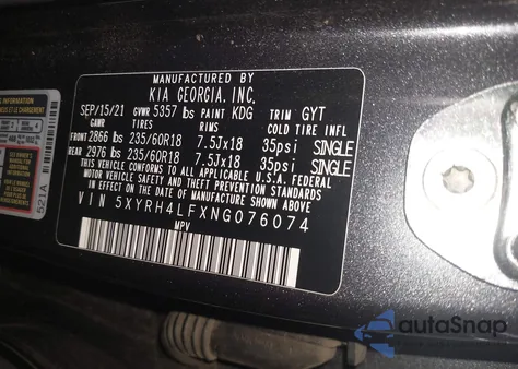 2022 Kia Sorento Ex z USA, uszkodzony, nr VIN 5XYRH4LFXNG076074